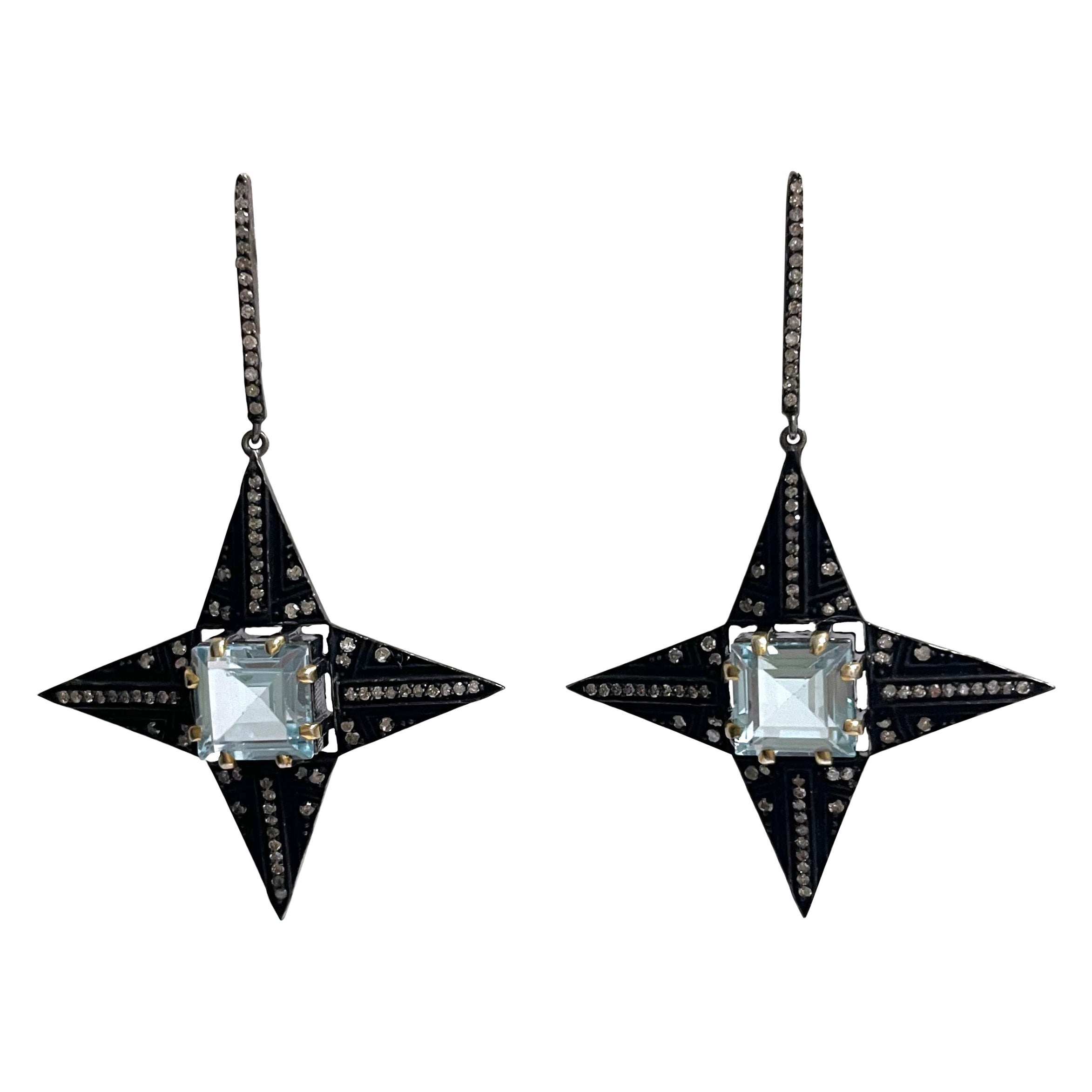 Blue Topaz and Pave Diamonds Four Pointed Star Paradizia Earrings  For Sale