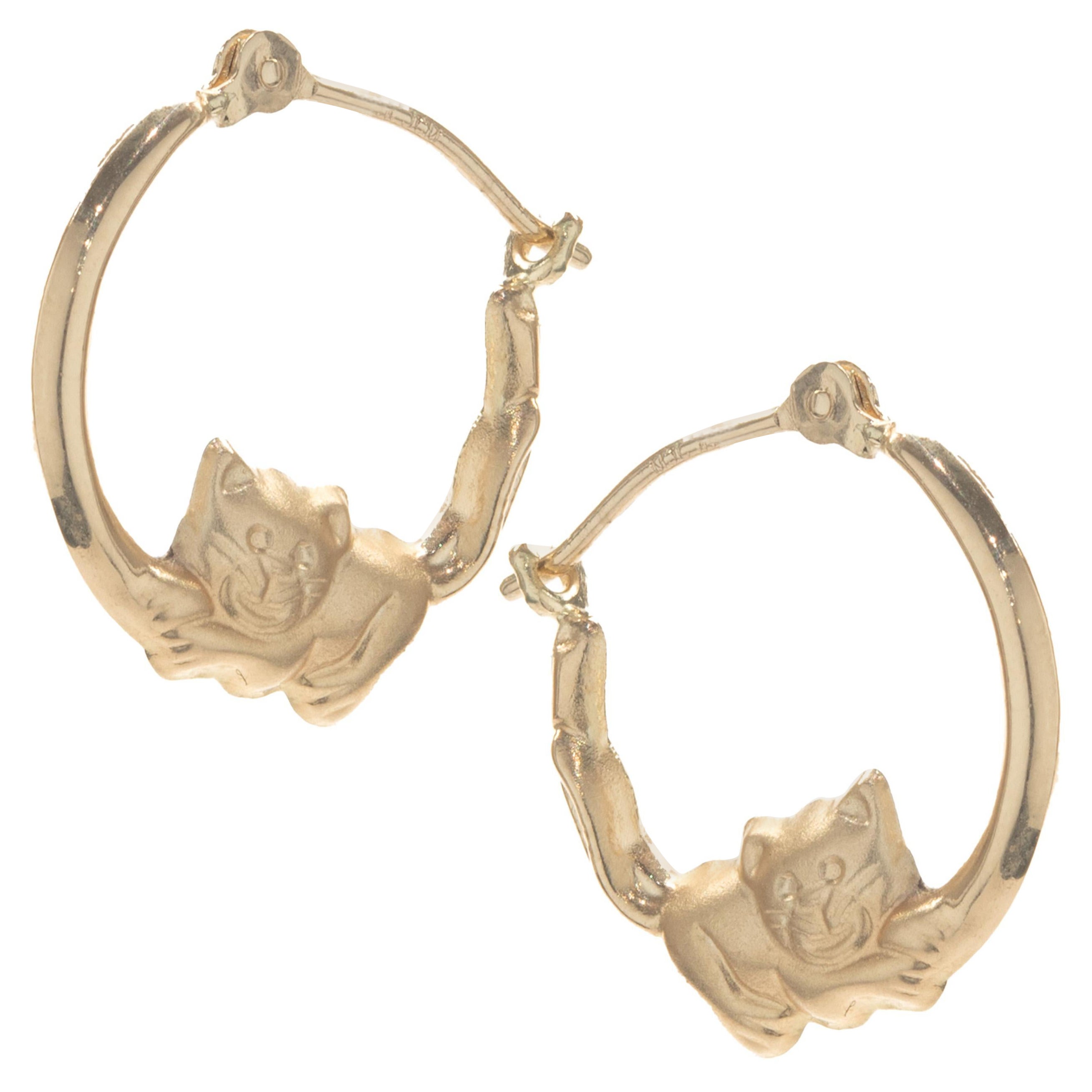 14 Karat Yellow Gold Kitten Hoop Earrings For Sale