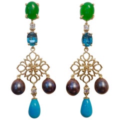 Michael Kneebone Chrysoprase Zircon Diamond Pearl Turquoise Dangle Earrings