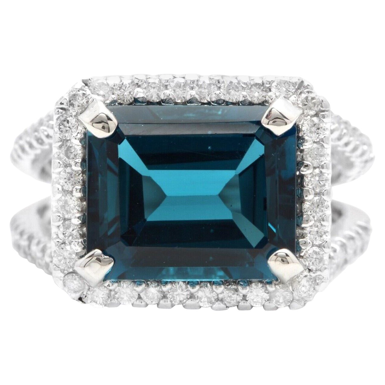 7.35 Carats Impressive Natural London Blue Topaz and Diamond 14K White Gold Ring For Sale