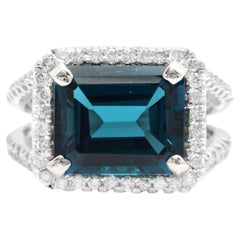 7.35 Carats Impressive Natural London Blue Topaz and Diamond 14K White Gold Ring