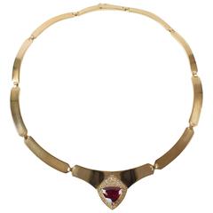 Handmade Yellow Gold Collar with Rubelite and Diamonds 6