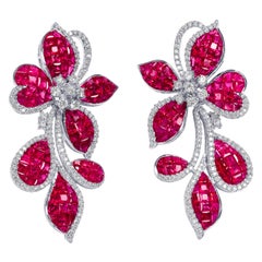 NO RESERVE! AAA 15.63cttw Ruby & 0.82Ct Diamonds - 18 kt. White Gold Earrings