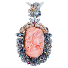 Vintage Coral, Diamonds, Sapphires, Rubies, Emeralds, Rose Gold and Silver Pendant.