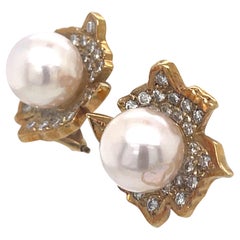 Clip-On Pearl and Diamonds Retro Earrings, Flower Peral Earrings, Yellow Gold