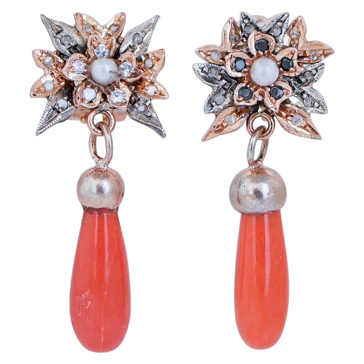 Diamonds, Stones, Coral, Pearls, Rose Gold and Silver Earrings.