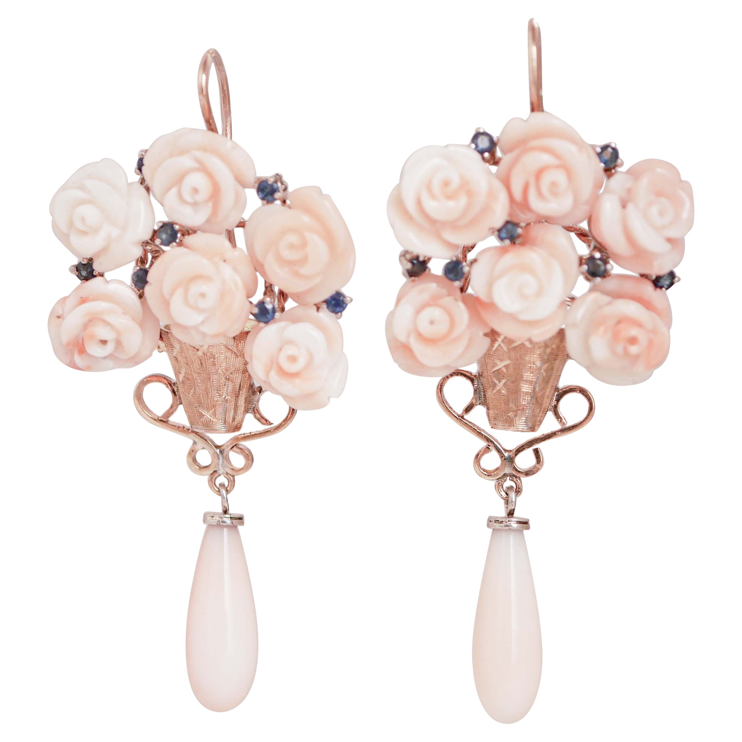 Coral, Sapphires, Rose Gold and Silver Retrò Earrings. For Sale