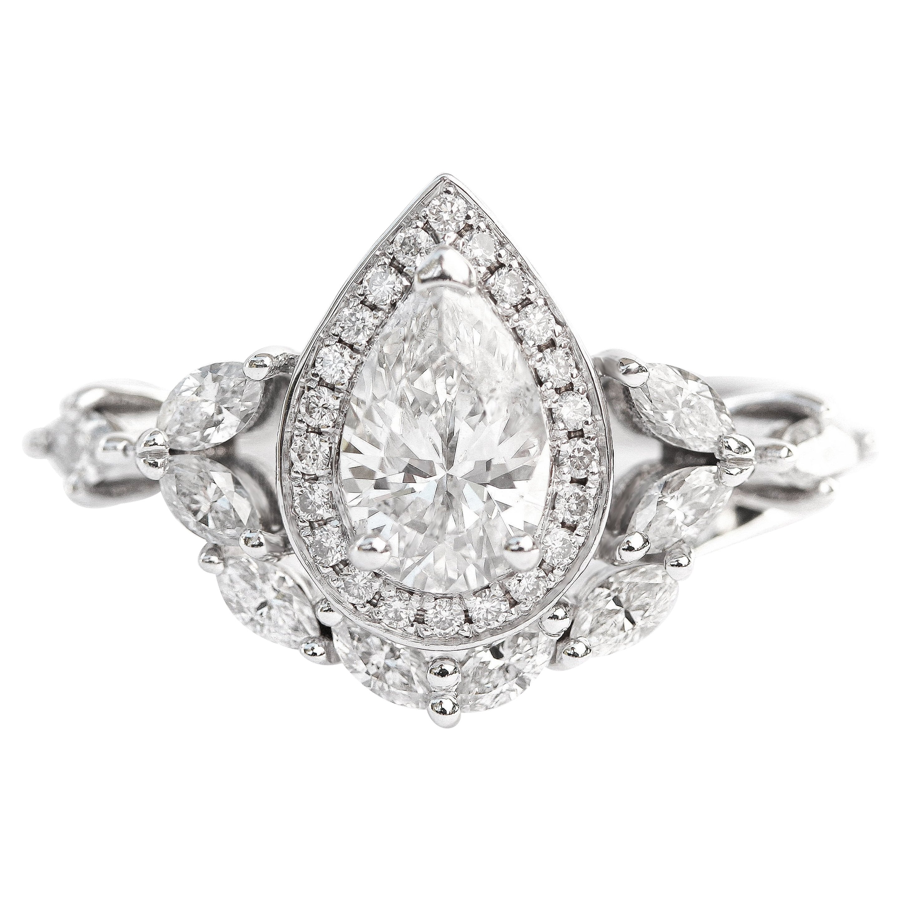 Unique Pear Diamond Halo Engagement Two Rings Set "Muse"