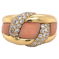 Vintage Pink Coral Ring - 18K yellow gold, 0.5CT Diamonds, Cocktail ring