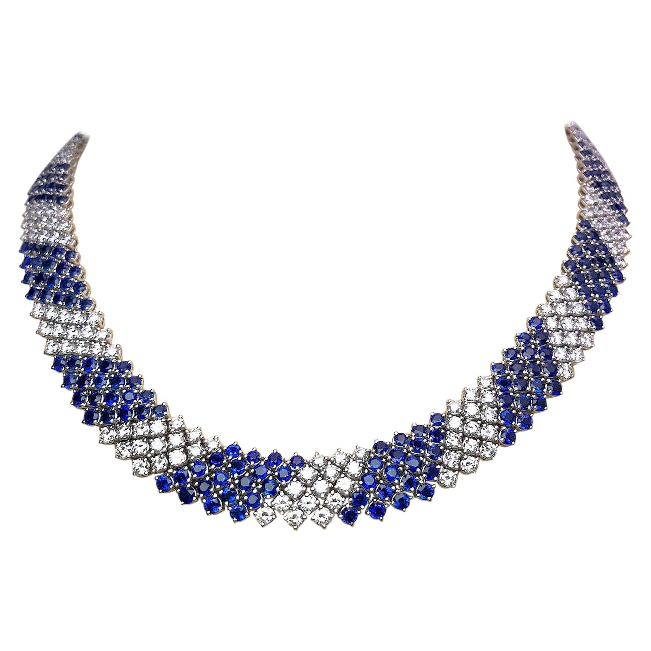 Crivelli 18KT White Gold, 27.21Ct. Blue Sapphire & 13.61 Carat Diamond Necklace For Sale