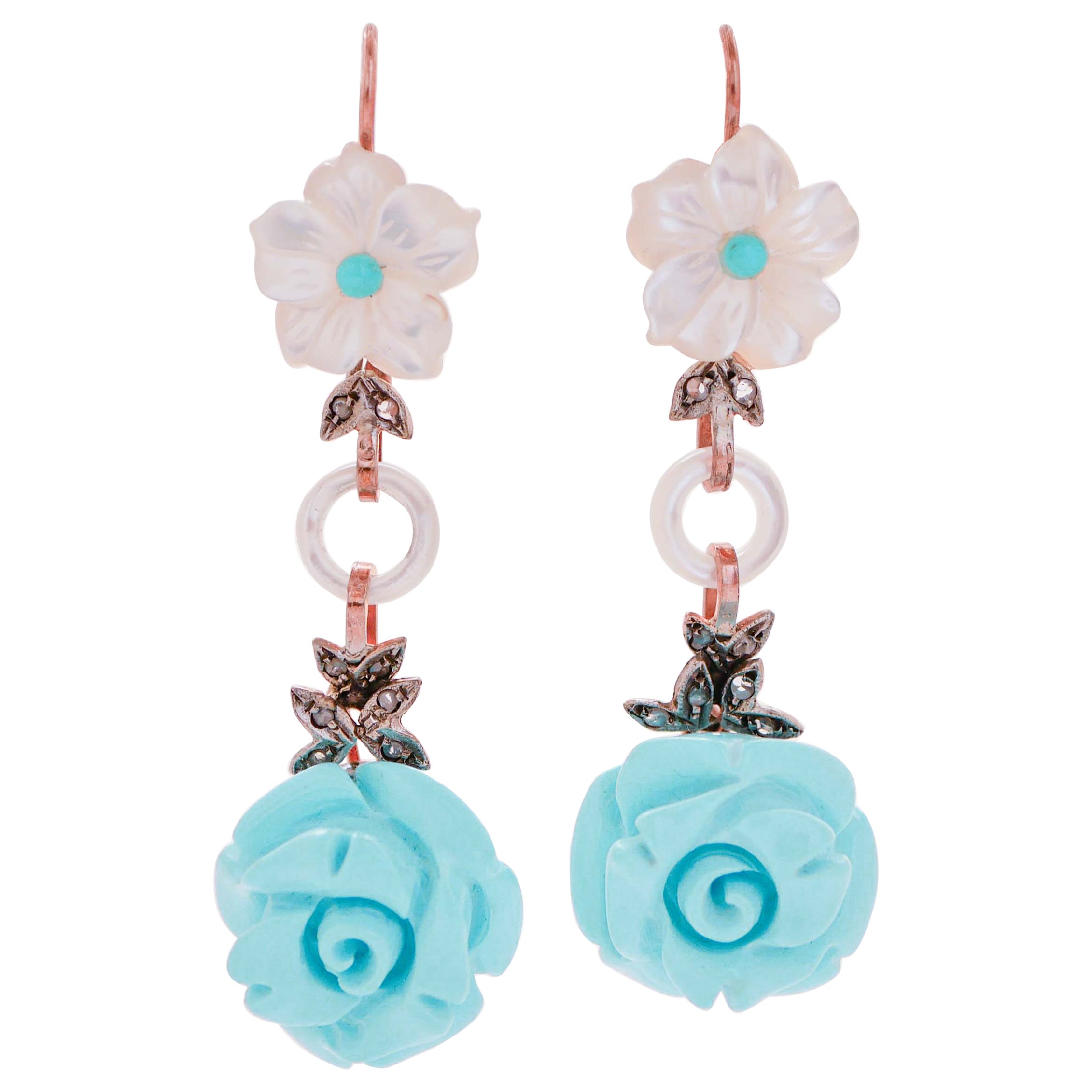 Turquoise, White Stones, Diamonds, Rose Gold and Silver Earrings. For Sale