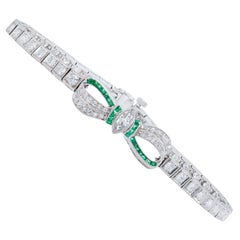 Antique Diamond Bow Line Bracelet with Emeralds
