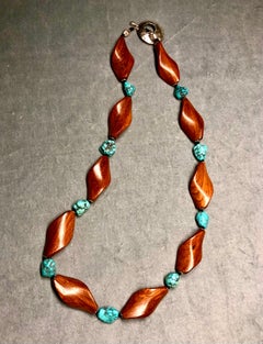 Exotic wooden beads necklace with turquoise nuggets, sterling silver rondelles