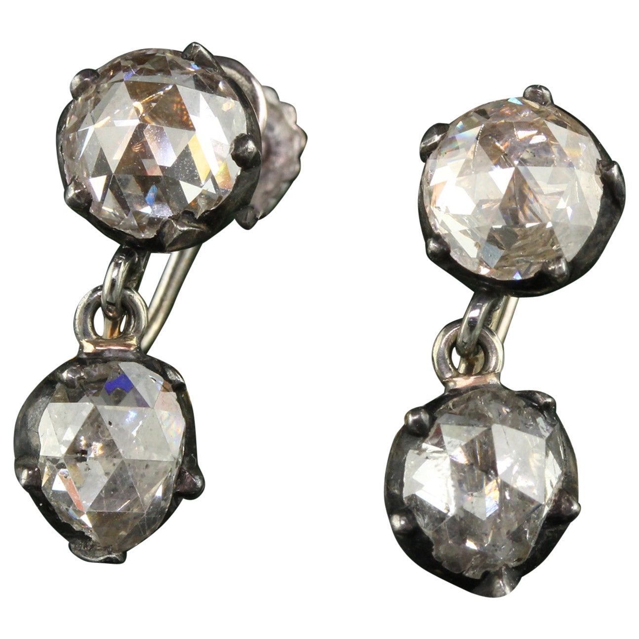 Pendants d'oreilles anciens de style géorgien en or blanc 14 carats avec diamants taille rose