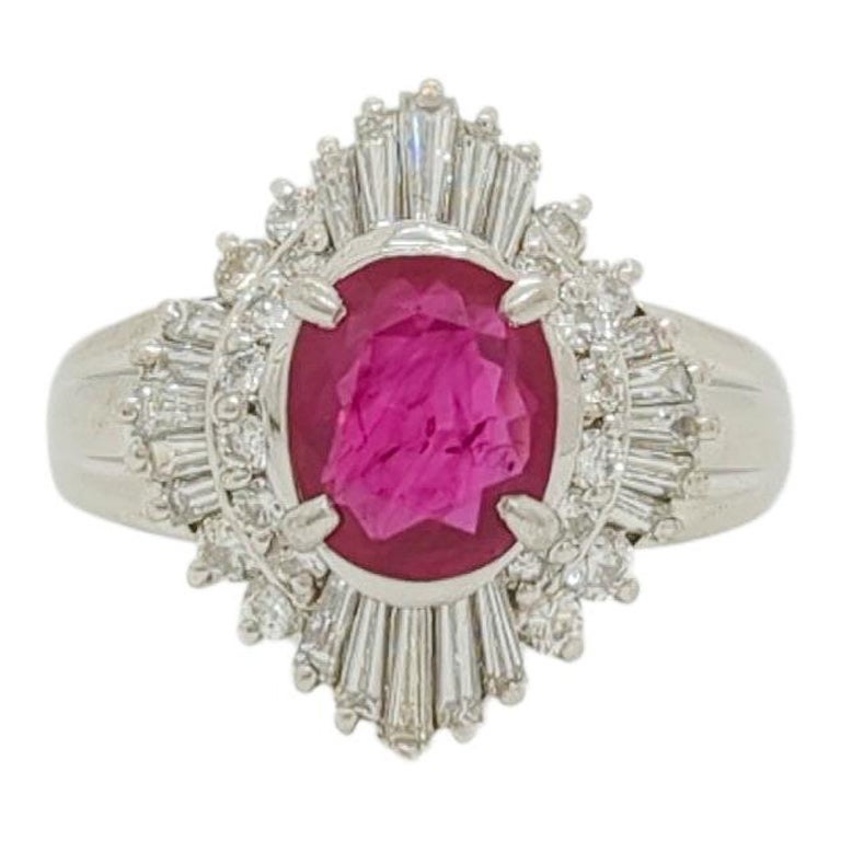 Oval Shape Ruby with Baguette & Round Diamond Ring in Platinum