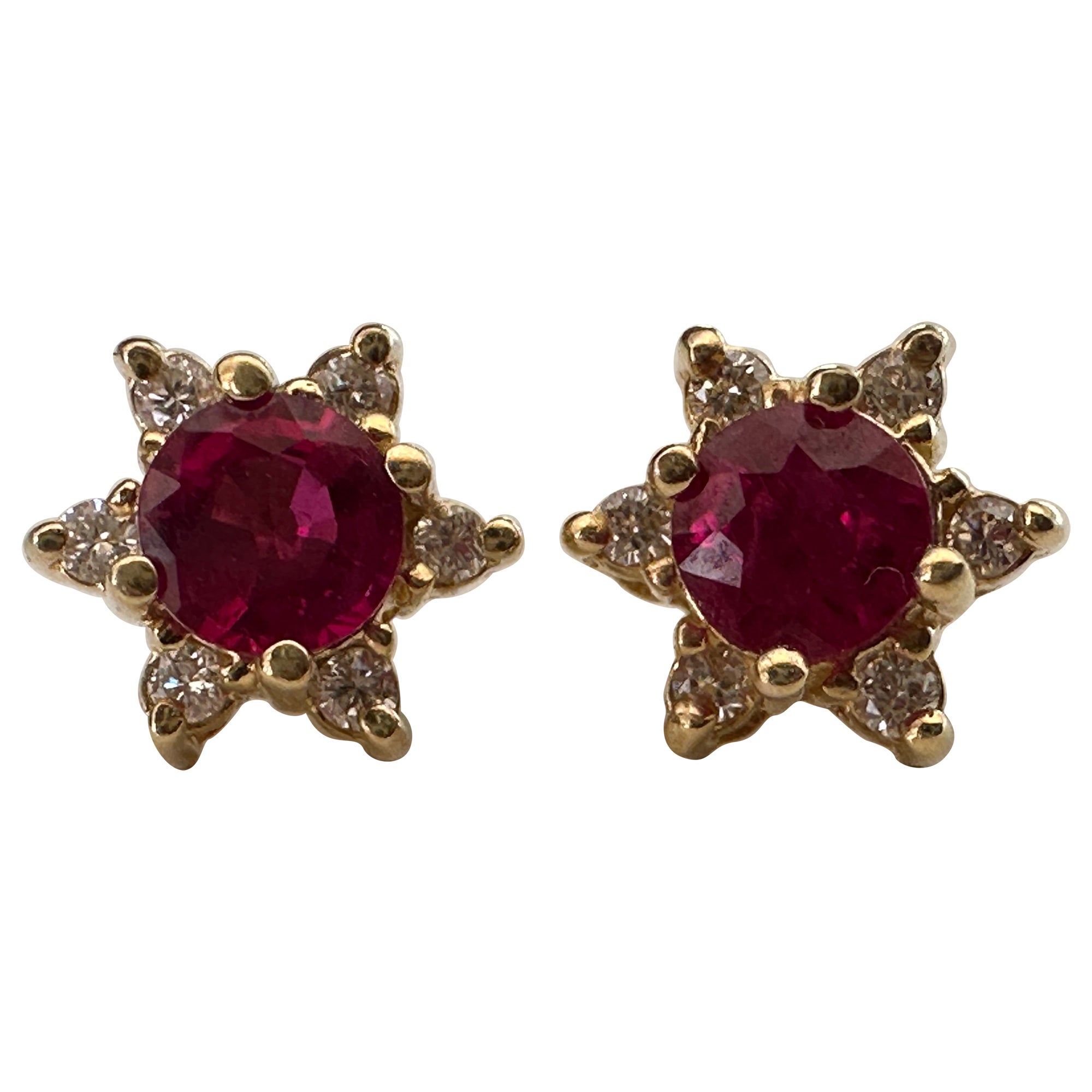 14K Yellow Gold Natural Ruby and Diamond Flower Stud Earrings   For Sale