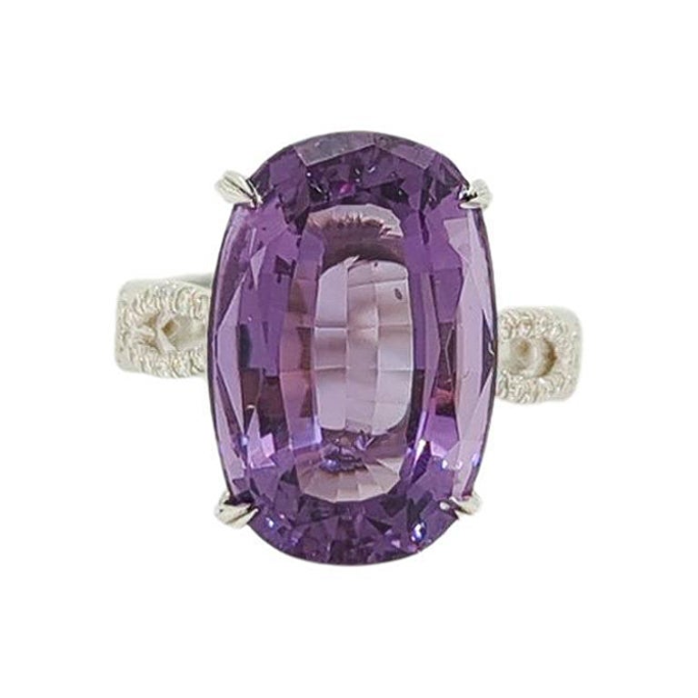 Oval Shape Amethyst & Round Diamond Ring in 18K White Gold For Sale