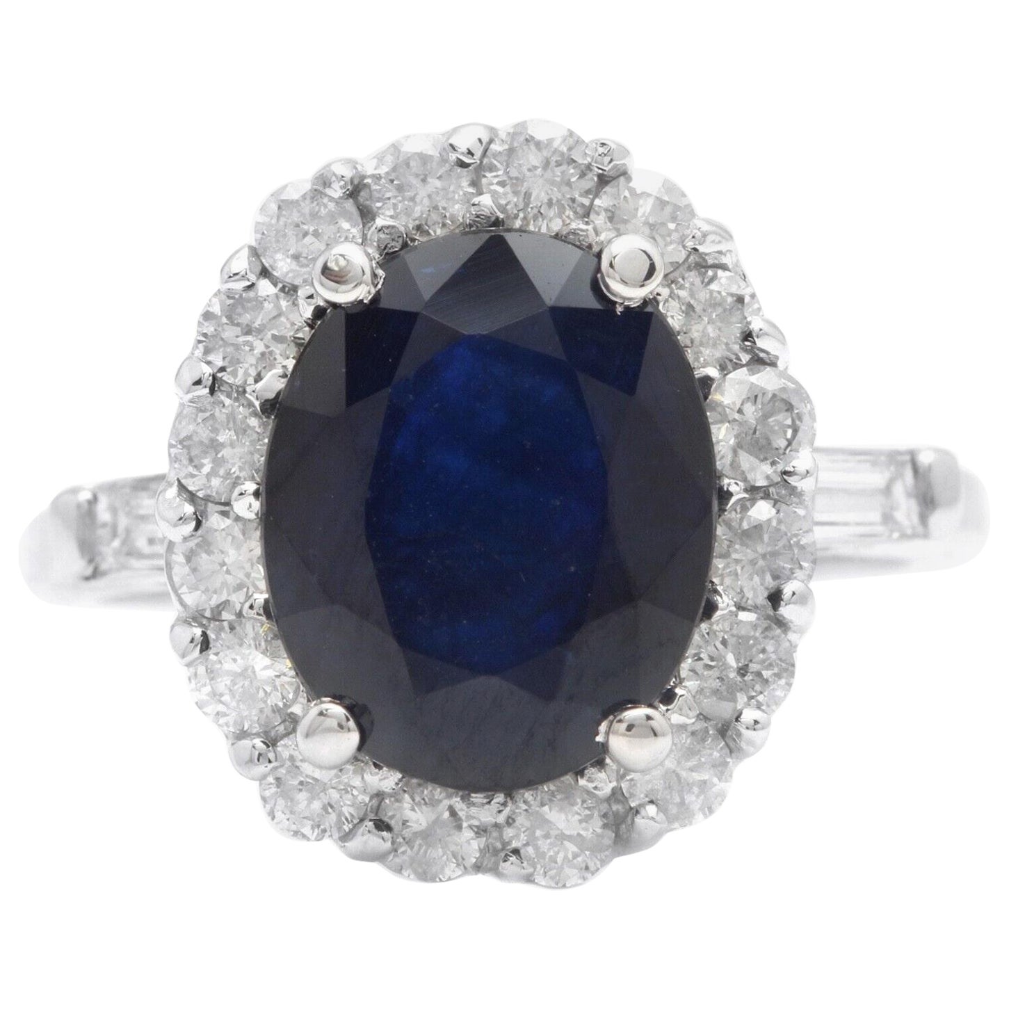 4.85 Ct Exquisite Natural Blue Sapphire and Diamond 14K Solid White Gold Ring