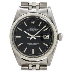 Vintage Rolex Stainless Steel Black Pie Pan Dial Datejust Automatic Wristwatch 1968