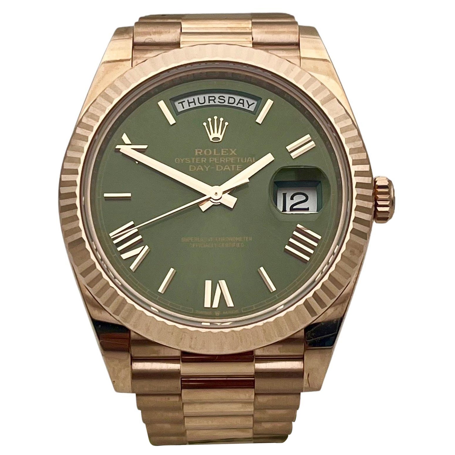New Day-Date Rose Gold 40mm Olive green with box and papers 2022 For Sale