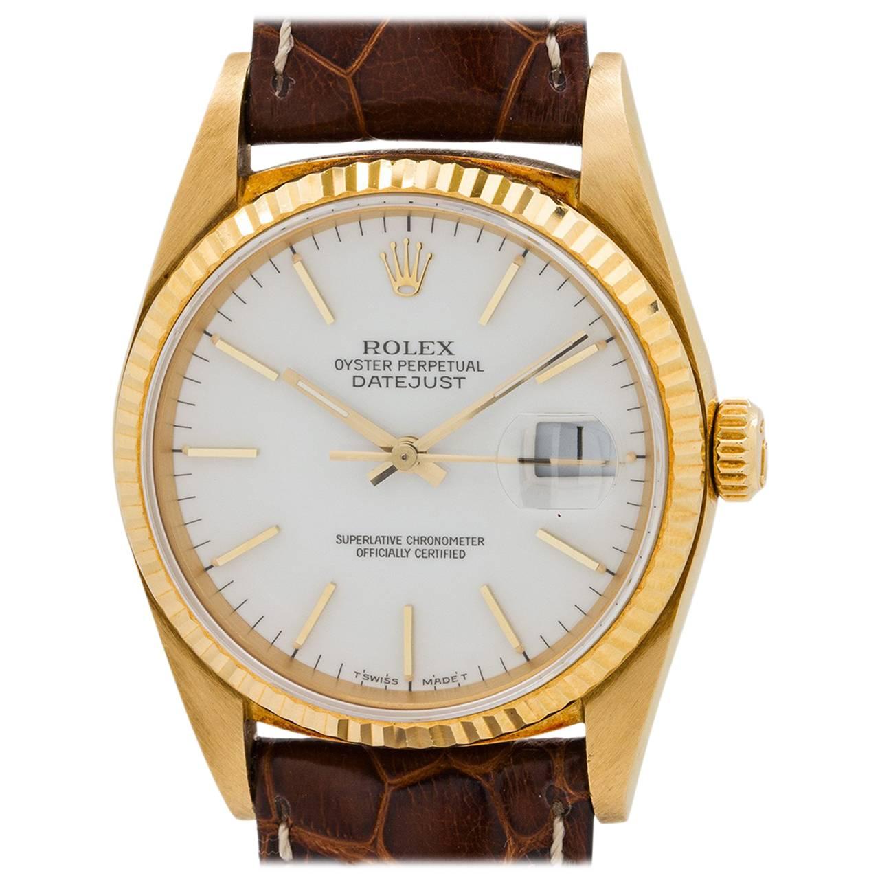 Rolex Yellow Gold Enamel Dial Datejust Automatic Wristwatch Ref 16018 1987
