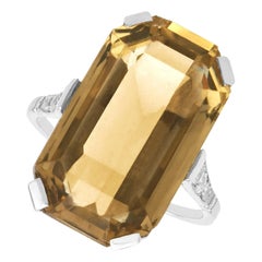 Antique French 14,18 Carati Quarzo Fumé e Diamante Anello in Oro Bianco 18k