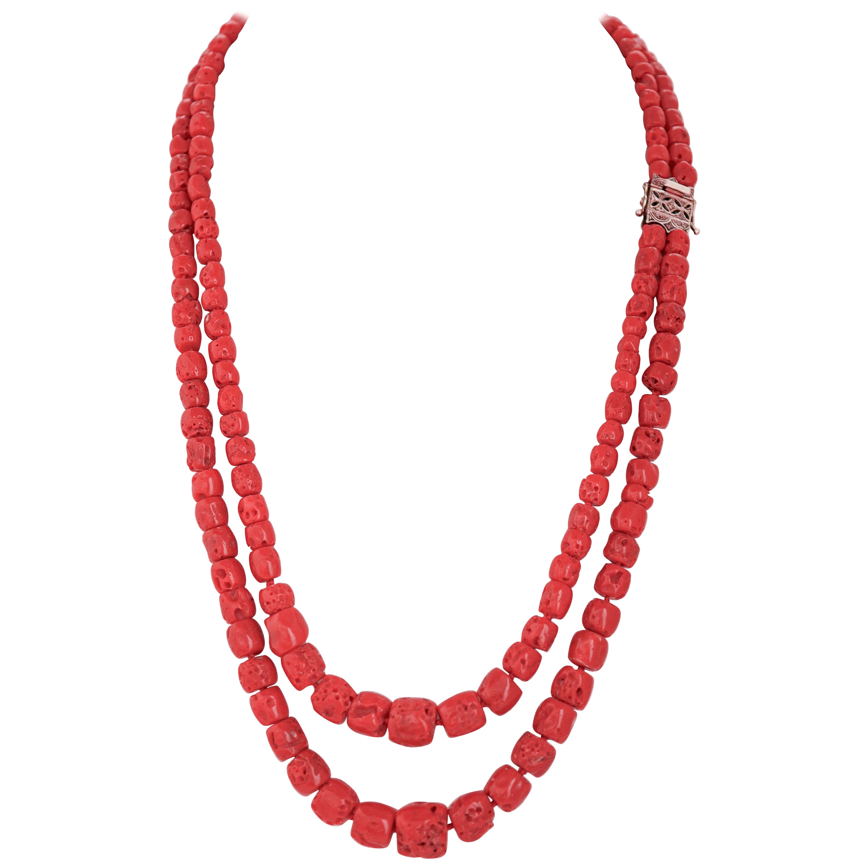 Coral, Diamonds, Rose Gold and Silver Necklace.