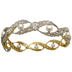 Edwardian Pearl Diamond Woven Motif Bangle Bracelet 10