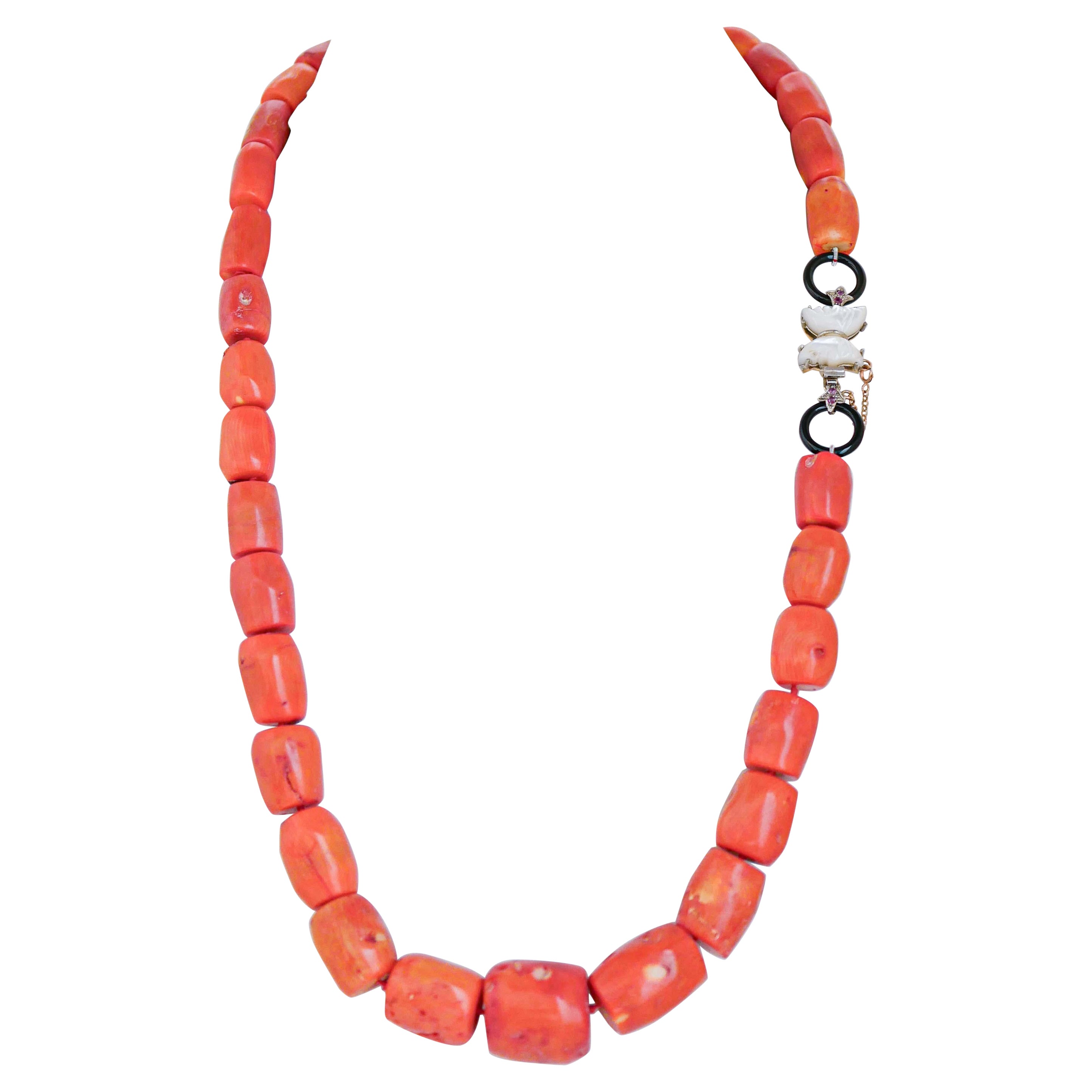 Coral, White Stones, Rubies, Onyx, Rose Gold and Silver Necklace For Sale