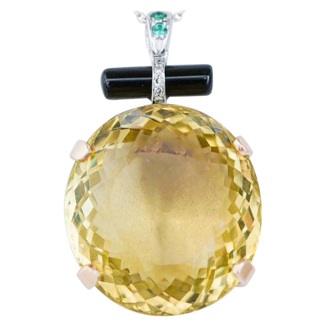 Collier pendentif en or blanc et rose 14 carats avec topaze, diamants, tsavorite et onyx.