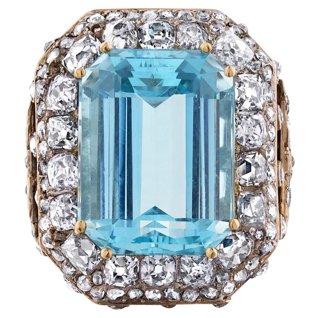 Mindi Mond Bague victorienne en or et argent avec aigue-marine de 17,61 carats et diamants en vente