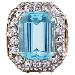 Antique Mindi Mond Victorian 17.61 Carat Aquamarine Diamond Silver Gold Ring