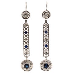 Art Deco Style White Diamond Blue Sapphire White Gold Lever-Back Earrings