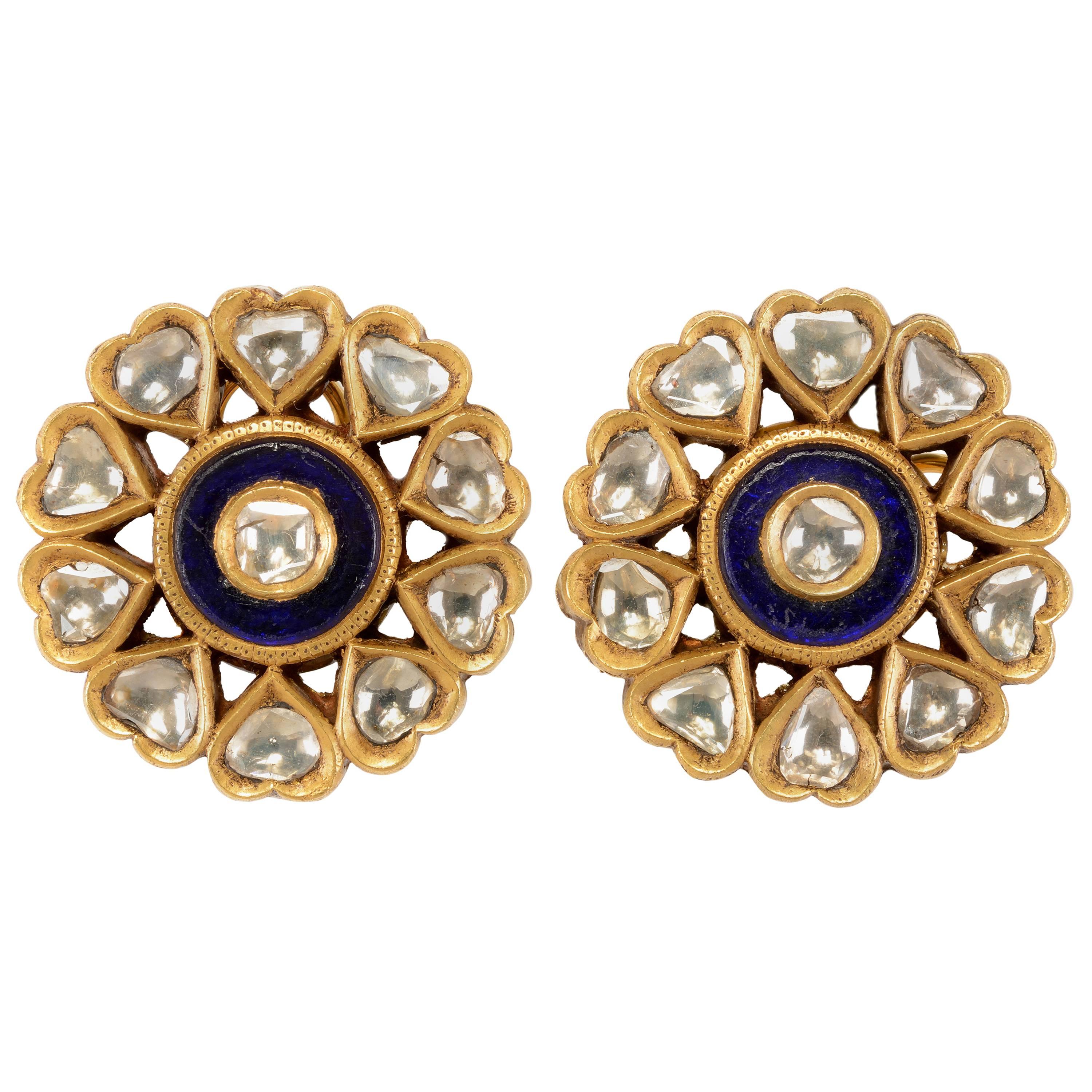 Pair of Antique Indian "Karnphul" Diamond Blue Glass Gold Flower Earrings For Sale
