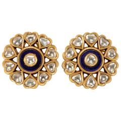 Pair of Vintage Indian "Karnphul" Diamond Blue Glass Gold Flower Earrings