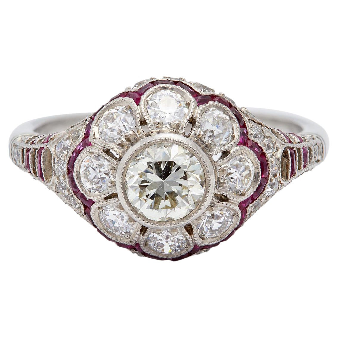 Art Deco Inspired 0.53 Diamond and Ruby Platinum Filigree Ring For Sale