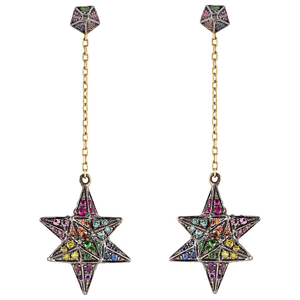 18K Yellow Gold Merkaba Star Earrings with Various Coloured Stones and Diamonds For Sale