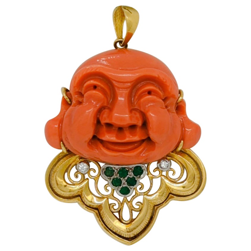 Carved Coral Smiling Buddha Pendant in 18K Two Tone Gold For Sale