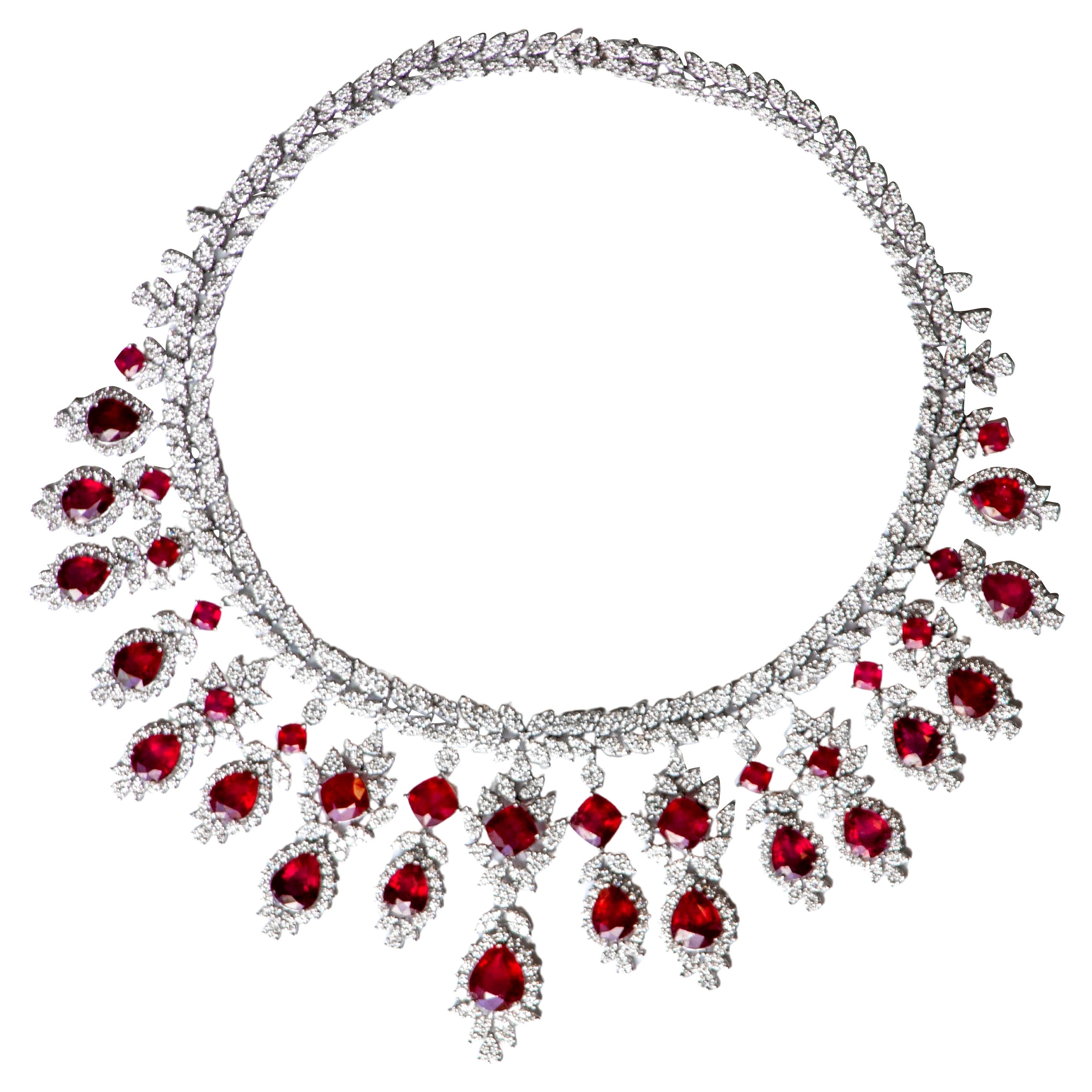 Very Fine Ruby Necklace Set With Diamonds 115 Carats Total 18K Gold