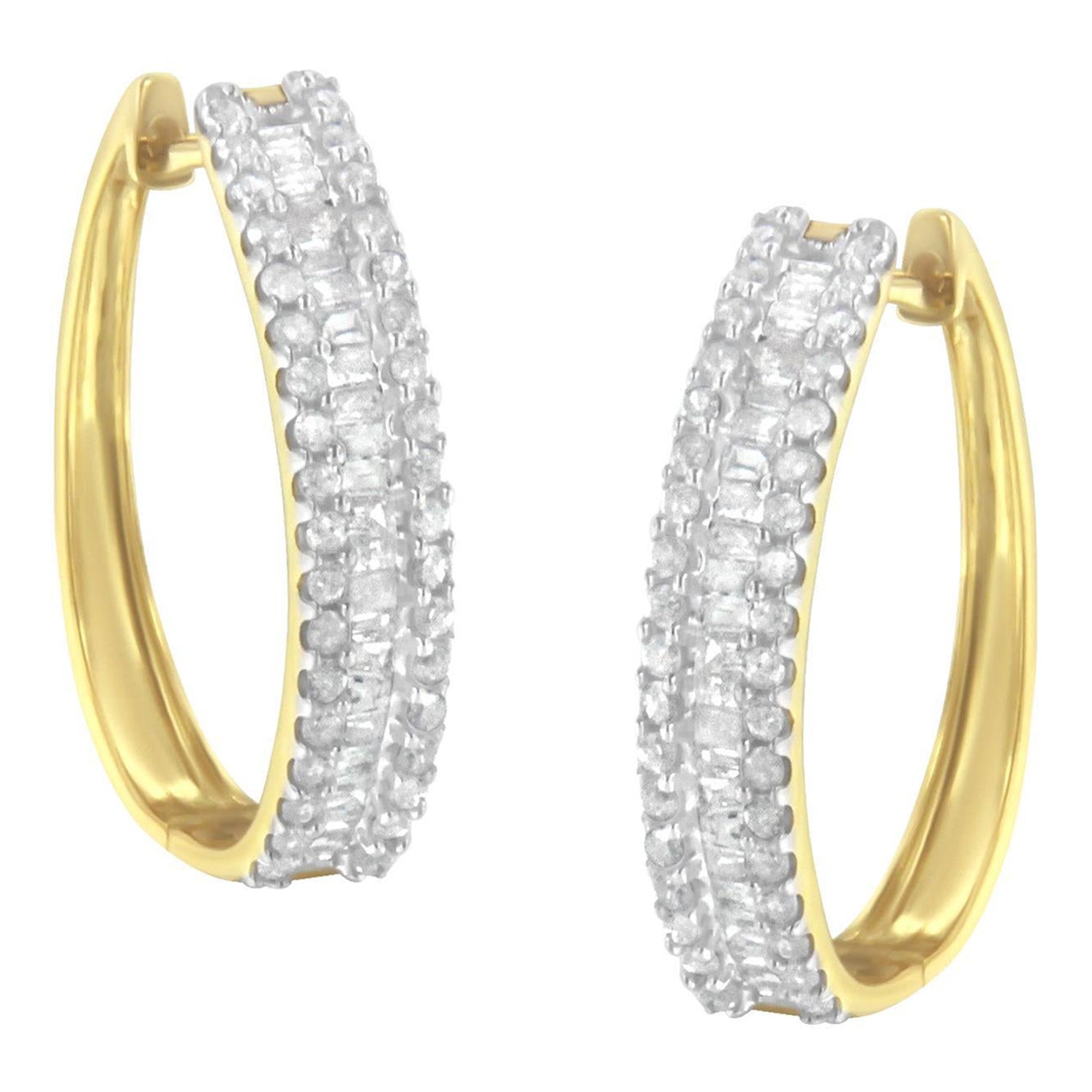 10K Yellow Gold 3/4 Carat Diamond Hoop Earrings For Sale