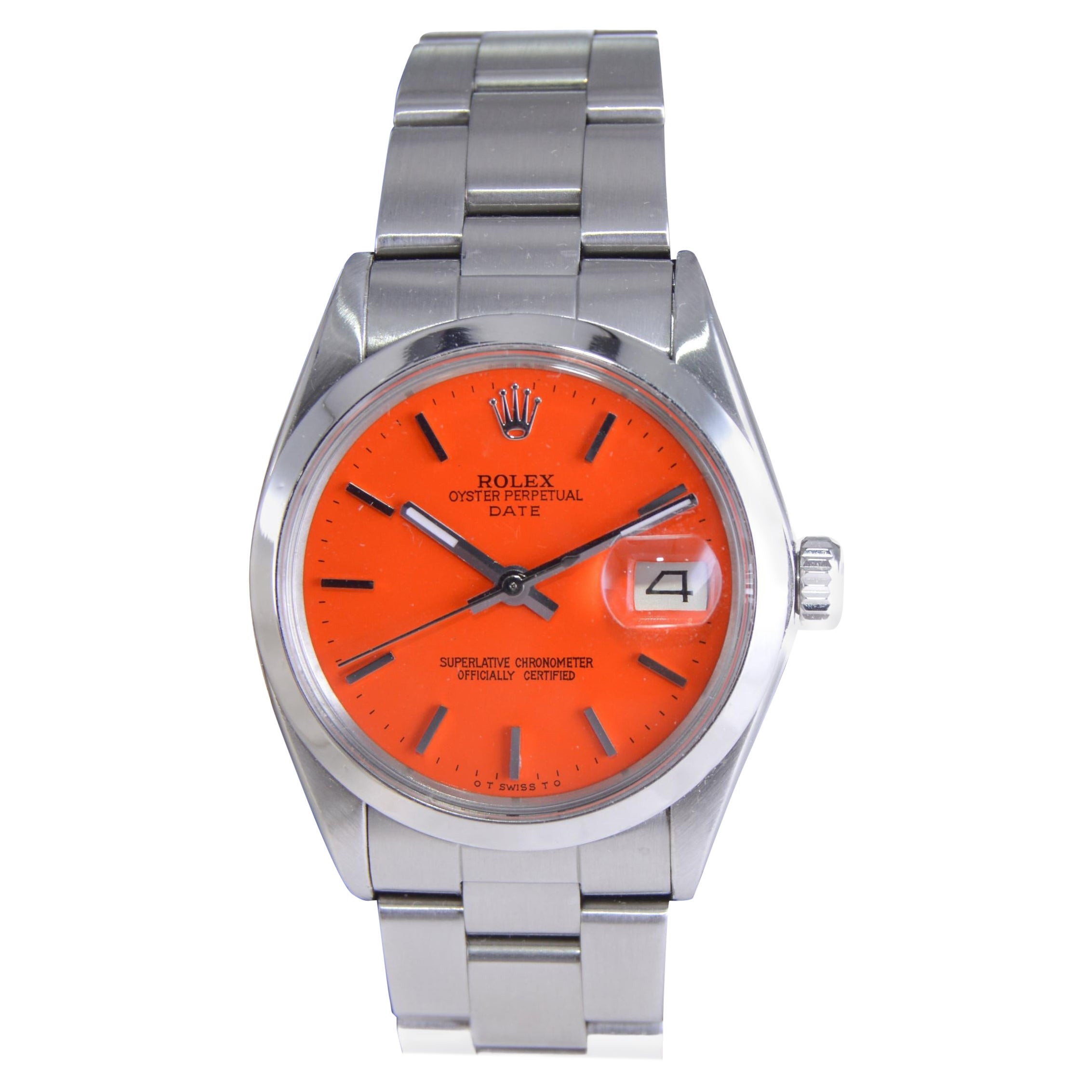 Rolex Stainless Steel Oyster Perpetual Date with Custom Orange Dial 1970s For Sale