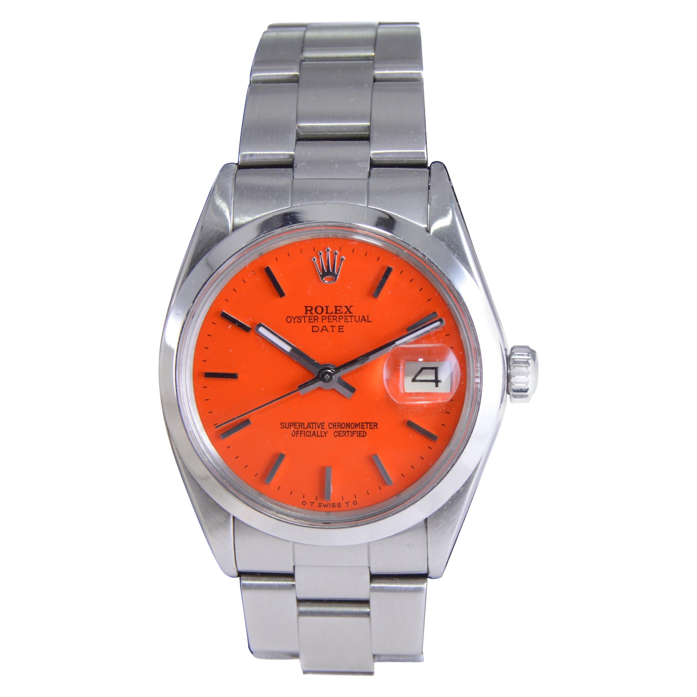 Rolex Stainless Steel Oyster Perpetual Date with Custom Orange Dial 1960s For Sale
