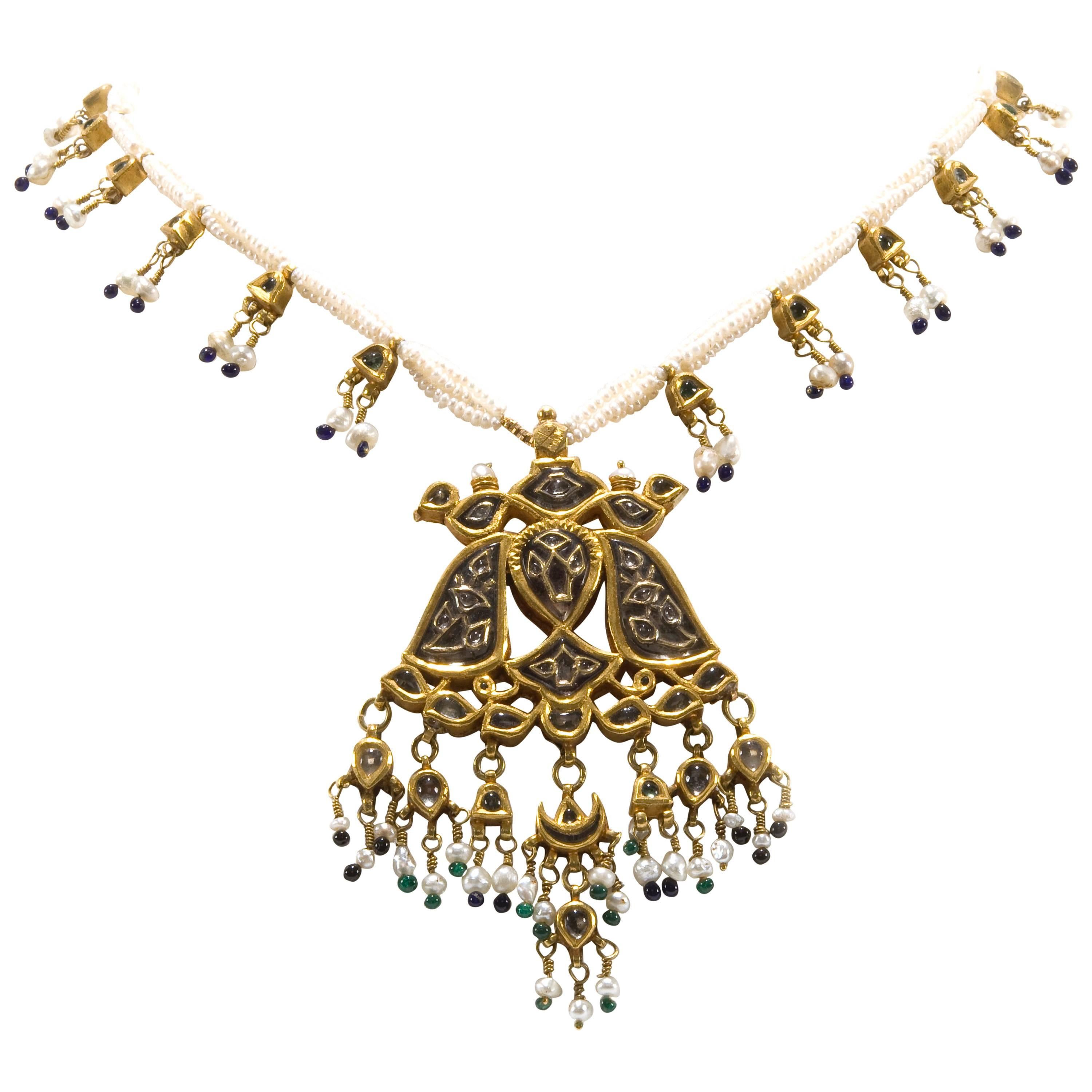 Antique Indian Pearl Necklace with Gold Pendant For Sale