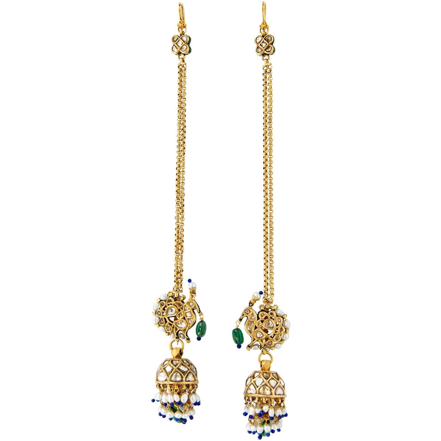 "Karn Phul Jumkha" Antique Indian Gold Emerald Pearl Enamel Peacock Earrings For Sale