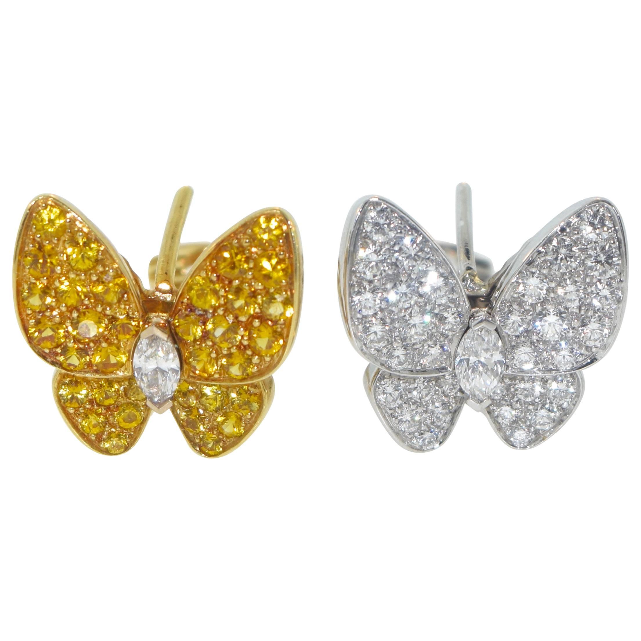 Van Cleef & Arpels Diamond & Yellow Sapphire Butterfly Earrings, Cert & Box For Sale