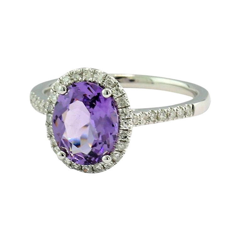 Natural spinel no heat violet color ALGT certified Diamond Ring 18Kt White Gold For Sale