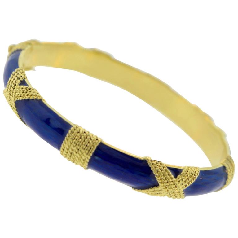 Cartier Rare Blue Enamel Gold Bangle Bracelet For Sale at 1stDibs