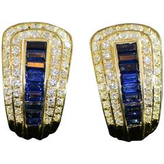 French Sapphire Diamond Gold Statement Clip Earrings 12