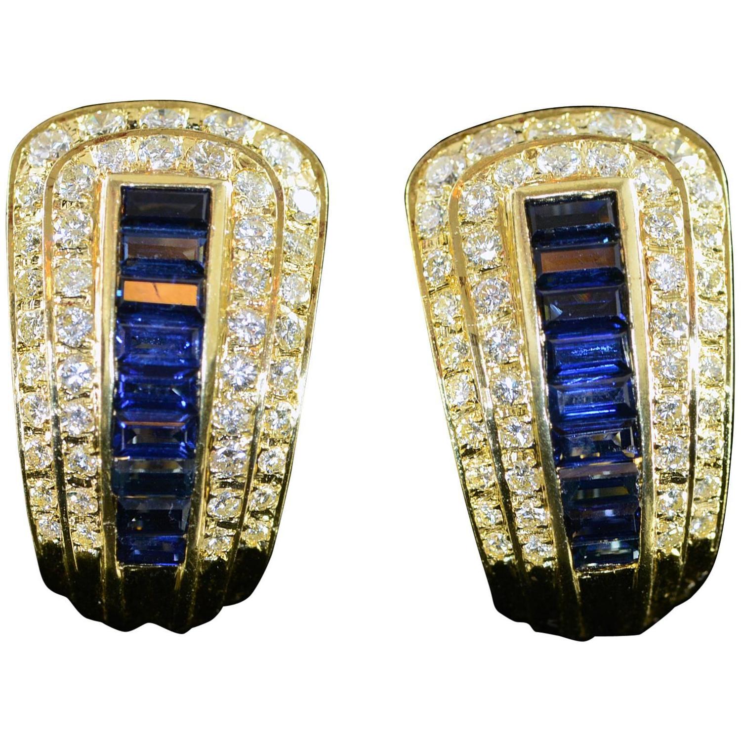 French Sapphire Diamond Gold Statement Clip Earrings For Sale at 1stdibs