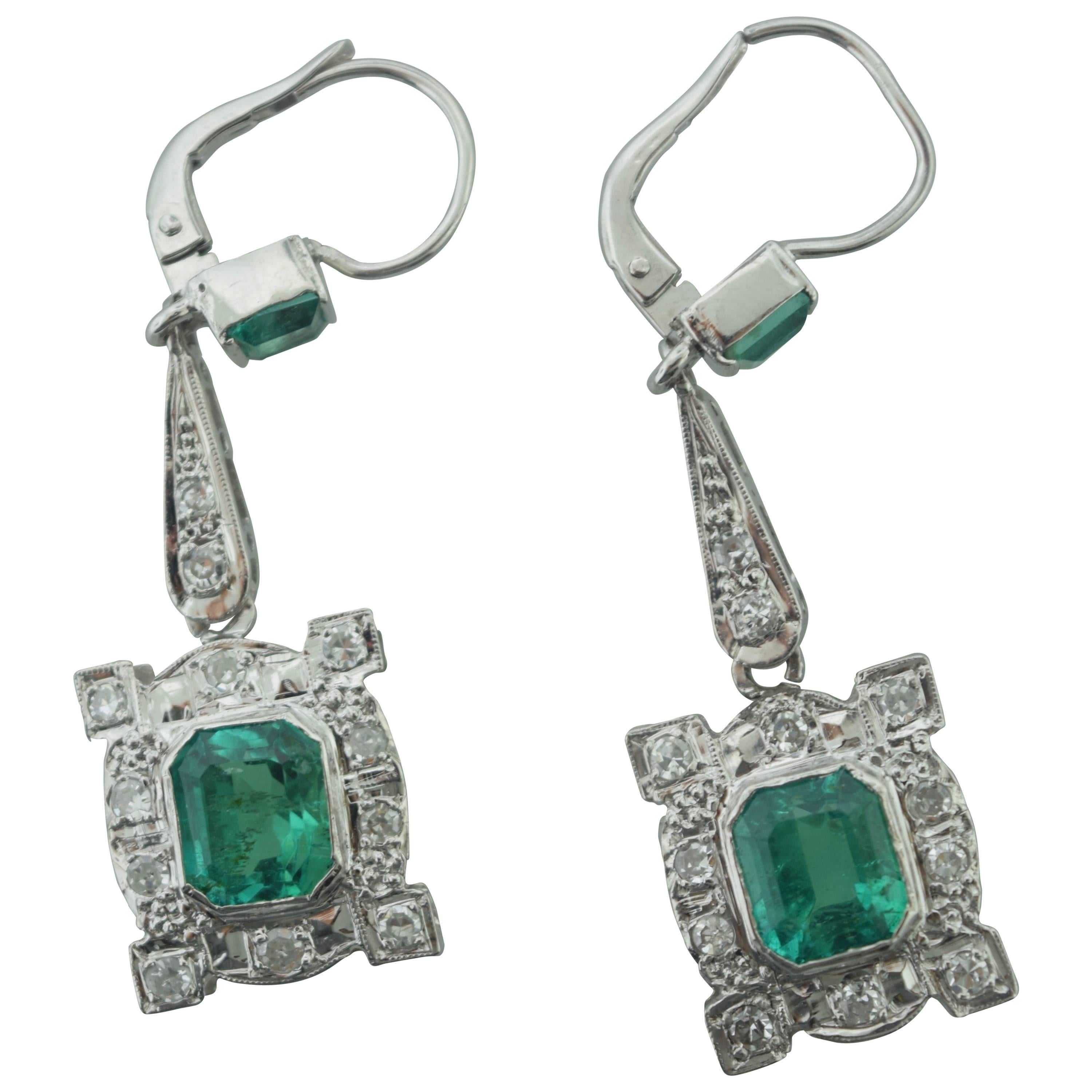 Antique Colombian Emerald Diamond Gold Drop Earrings For Sale